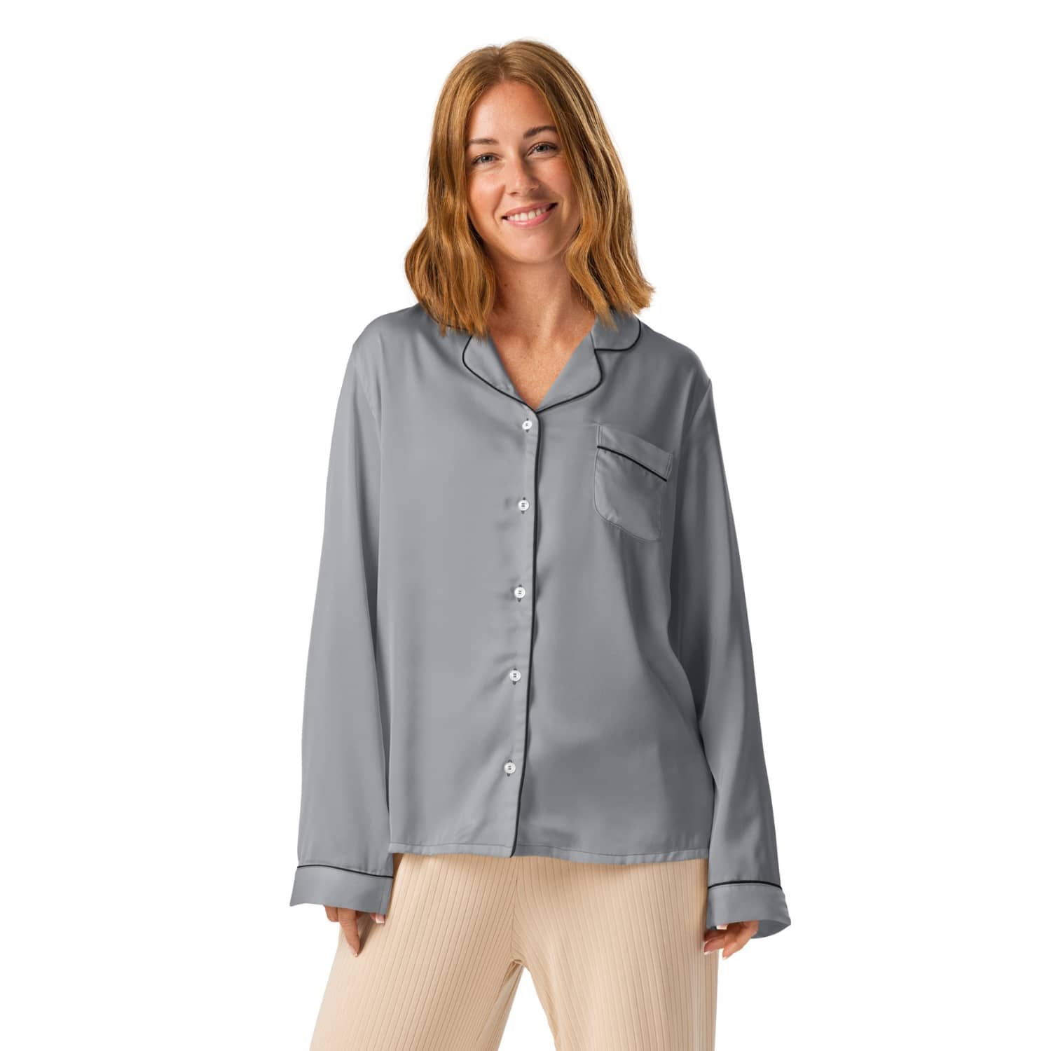 Damen Pyjama-Oberteil lang PF9223 uni grau